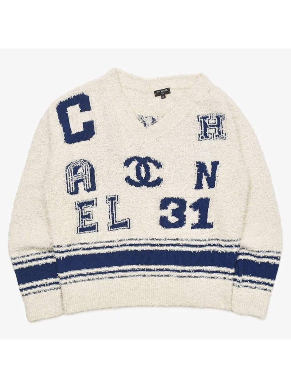 Chanel Pullover Knit Sweater CC Logo Blue Ivory